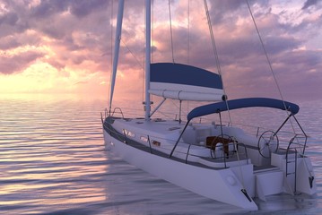 Sailing yacht on sea and sunset 3d illustration