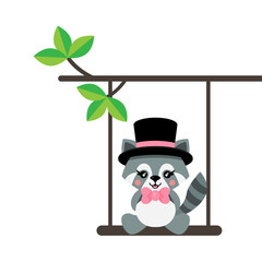cartoon cute raccoon with hat and tie on a swing and on a branch