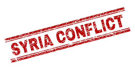 SYRIA CONFLICT seal print with corroded texture. Red vector rubber print of SYRIA CONFLICT label with corroded texture. Text label is placed between double parallel lines.