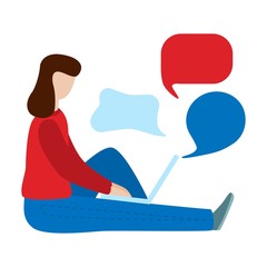 Obraz premium Social networks communication concept. Woman sit and use laptop. Dialogue, chatting, communication.