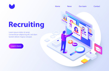 Recruitment concept banner with character. Can use for web banner, infographics, hero images. Flat isometric vector illustration isolated on white background.