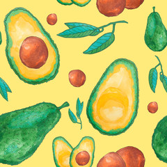 Green avocado in seamless pattern, tropical fruits painting on yellow background