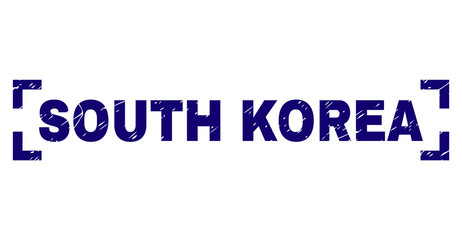 SOUTH KOREA label seal print with corroded texture. Text title is placed between corners. Blue vector rubber print of SOUTH KOREA with unclean texture.