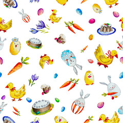 Watercolor Easter pattern with rabbits and ducks.