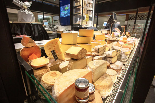 Lyon Market Paul Bocuse. Showcase with cheese