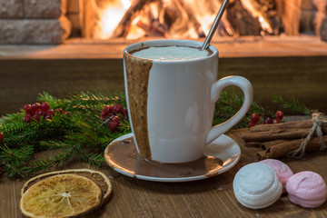 Cozy scene before fireplace with mug with hot chocolate, marshmallow and candied fruit.