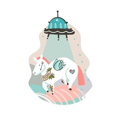 Hand drawn vector abstract graphic creative cartoon illustrations poster or print with old school tattooed horse ,aleen spaceship ,comets and planets in cosmos isolated on white abstract background