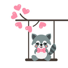 cartoon cute fox raccoon with tie on a swing and on a lovely branch