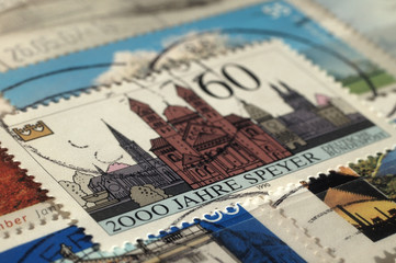 Kiev, Ukraine, February 06, 2019: Postage stamp of Germany. Edition on Cityscapes, shows 2,000th Anniversary of Speyer, Shallow depth of field, circa 1990