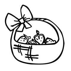 Cartoon wicker basket of strawberries. Vector illustration