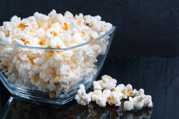 popcorn in a glass bowl