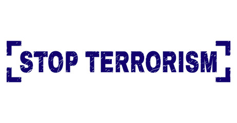 STOP TERRORISM tag seal imprint with grunge style. Text tag is placed inside corners. Blue vector rubber print of STOP TERRORISM with grunge texture.