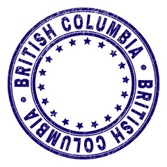 BRITISH COLUMBIA stamp seal watermark with grunge texture. Designed with round shapes and stars. Blue vector rubber print of BRITISH COLUMBIA caption with grunge texture.