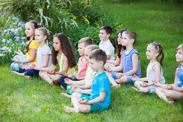 A large group of children engaged in yoga in the Park sitting on the grass.