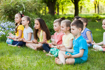 Fototapeta premium A large group of children engaged in yoga in the Park sitting on the grass.