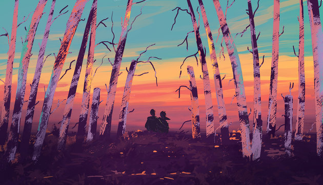 Loving couple sitting in the woods. Fantastic landscape with sunset. Digital art