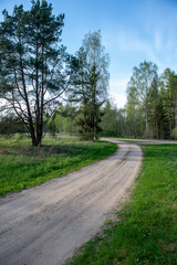 empty country gravel road with mud puddles and bumps