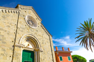 Chiesa Di San Pietro catholic church in Corniglia village with clear blue sky copy space background...