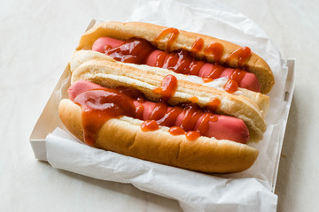 Box of Hot Dog with Ketchup Sausage Sandwich / Fast Food / Fastfood.