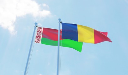 Romania and Belarus, two flags waving against blue sky. 3d image