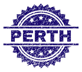PERTH stamp seal watermark with distress style. Blue vector rubber print of PERTH label with retro texture.