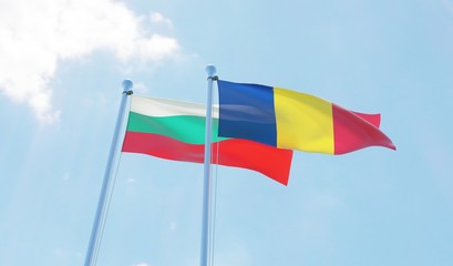 Romania and Bulgaria, two flags waving against blue sky. 3d image