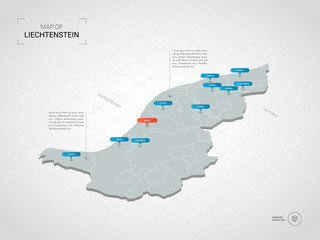 Isometric  3D Liechtenstein map. Stylized vector map illustration with cities, borders, capital, administrative divisions and pointer marks; gradient background with grid.