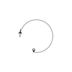 Airplane travel concept. Plane with start point and route dash line on white background