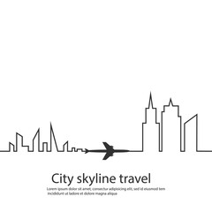 Obraz premium Airplane between the two cities and its track and skyline on white background. Vector illustration. Aircraft flight path and its route. tourism. Travel