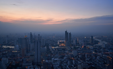 beautiful evening sunset skyline cityscape with curve of river