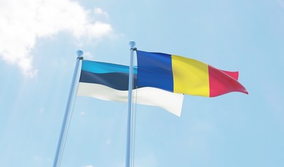 Romania and Estonia, two flags waving against blue sky. 3d image
