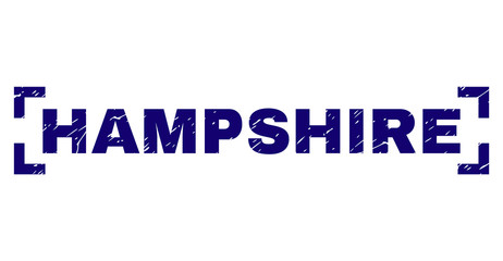 HAMPSHIRE title seal print with corroded texture. Text tag is placed inside corners. Blue vector rubber print of HAMPSHIRE with corroded texture.