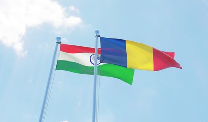 Romania and India, two flags waving against blue sky. 3d image