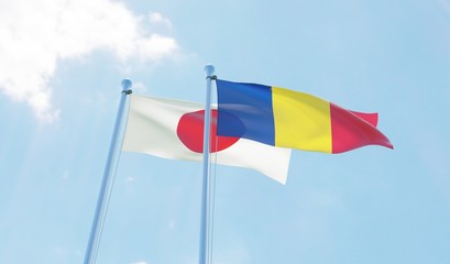 Romania and Japan, two flags waving against blue sky. 3d image
