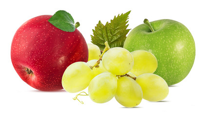 Fresh grapes and apples isolated on white background with clipping pass