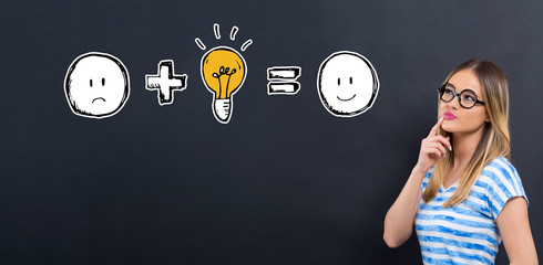 Good idea equals happy with young woman in front of a blackboard