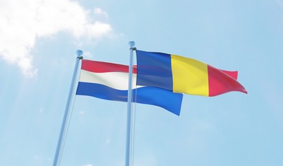 Romania and Netherlands, two flags waving against blue sky. 3d image