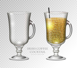 Realistic cocktail irish coffee vector illustration on transparent background. Full and empty glass