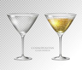 Realistic cocktail cosmopolitan vector illustration on transparent background. Full and empty glass