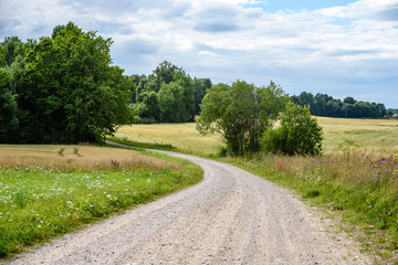 empty country gravel road with mud puddles and bumps