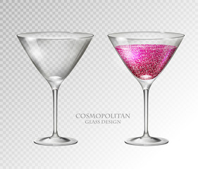 Realistic cocktail cosmopolitan vector illustration on transparent background. Full and empty glass