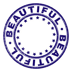 BEAUTIFUL stamp seal imprint with grunge texture. Designed with circles and stars. Blue vector rubber print of BEAUTIFUL title with retro texture.