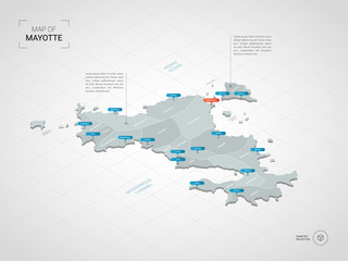 Isometric  3D Mayotte map. Stylized vector map illustration with cities, borders, capital, administrative divisions and pointer marks; gradient background with grid.