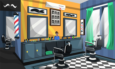 Barber Shop Room Design with  Mirror, Professional Barbershop Chair, Barber Pole Sign, Hair Sample Style for Vector Barber Interior Ideas
