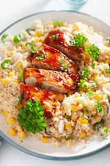 roasted bbq chicken with quinoa sweetcorn onion, healthy lunch