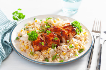 roasted bbq chicken with quinoa sweetcorn onion, healthy lunch
