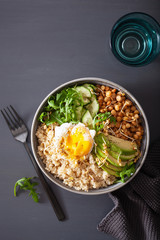 quinoa bowl with egg, avocado, cucumber, lentil. Healthy vegetarian lunch
