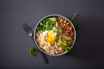 quinoa bowl with egg, avocado, cucumber, lentil. Healthy vegetarian lunch