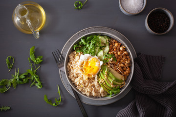 quinoa bowl with egg, avocado, cucumber, lentil. Healthy vegetarian lunch