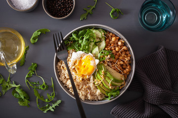 quinoa bowl with egg, avocado, cucumber, lentil. Healthy vegetarian lunch